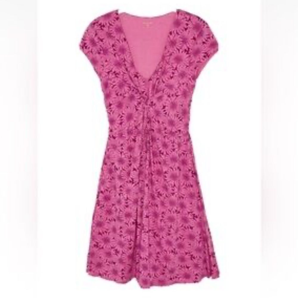 Garnet Hill Size 12 Pink FLoral V Neck Cap Sleeve Jersey Knit Dress Cotton GUC